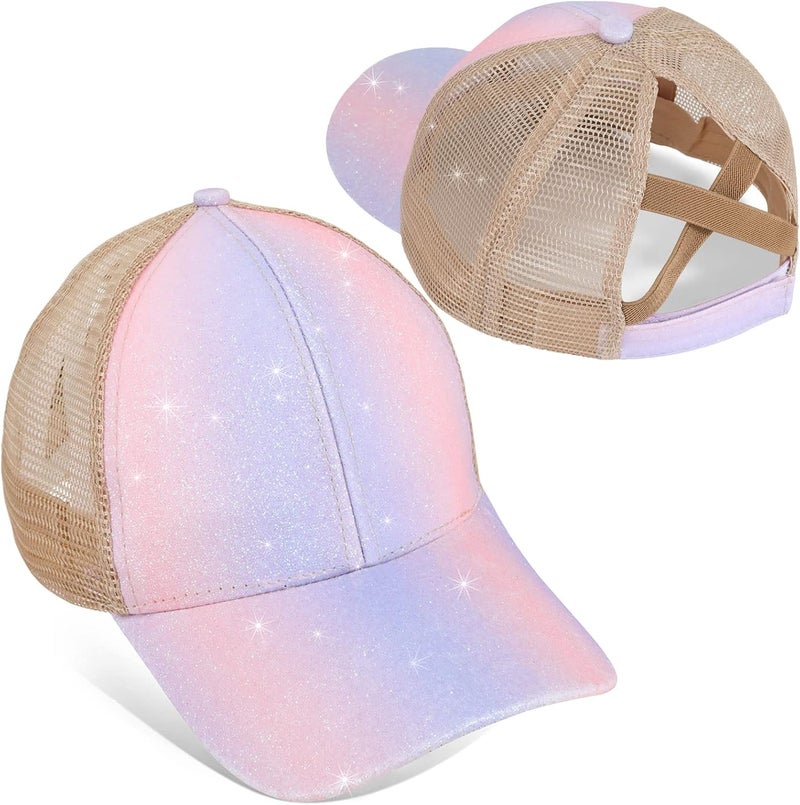 BROMZ Girls Glitter Baseball Cap Kids Ponytail Hat Adjustable Summer Mesh Trucker Hats for 4-12 Years - Image 1